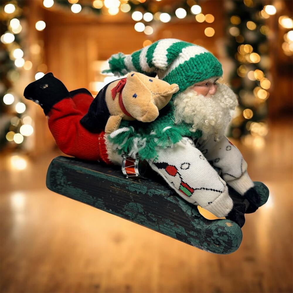 Rare Vintage 1996 Santa Sledding Custom Made 13.5” x 5” x 8” Plush Bear, Knitted